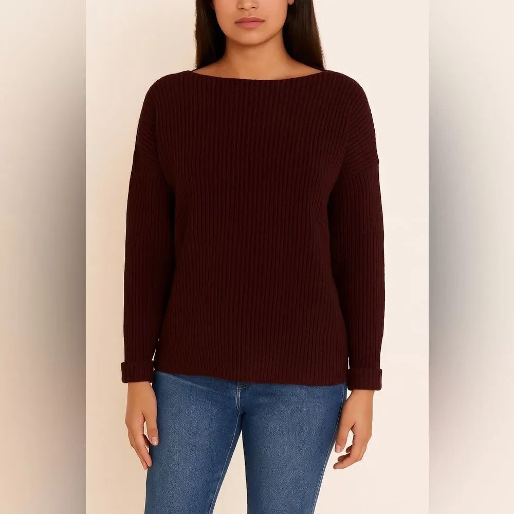 Brochu Walker Asymmetrical Hem Sweater Burgundy Rib Knit Size S
